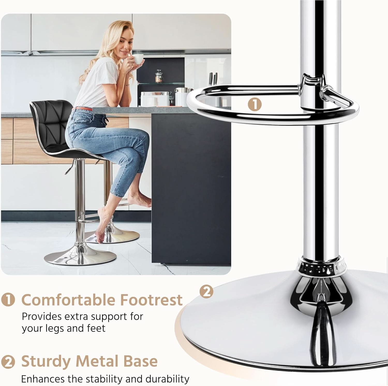 Adjustable Bar Stools Set Of 2 In Black PU Leather
