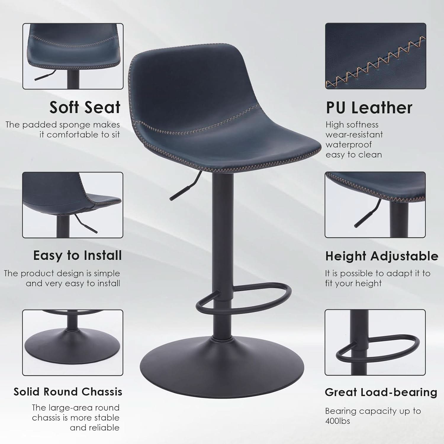 Adjustable Bar Stools Set Of 2 With Swivel Back Support