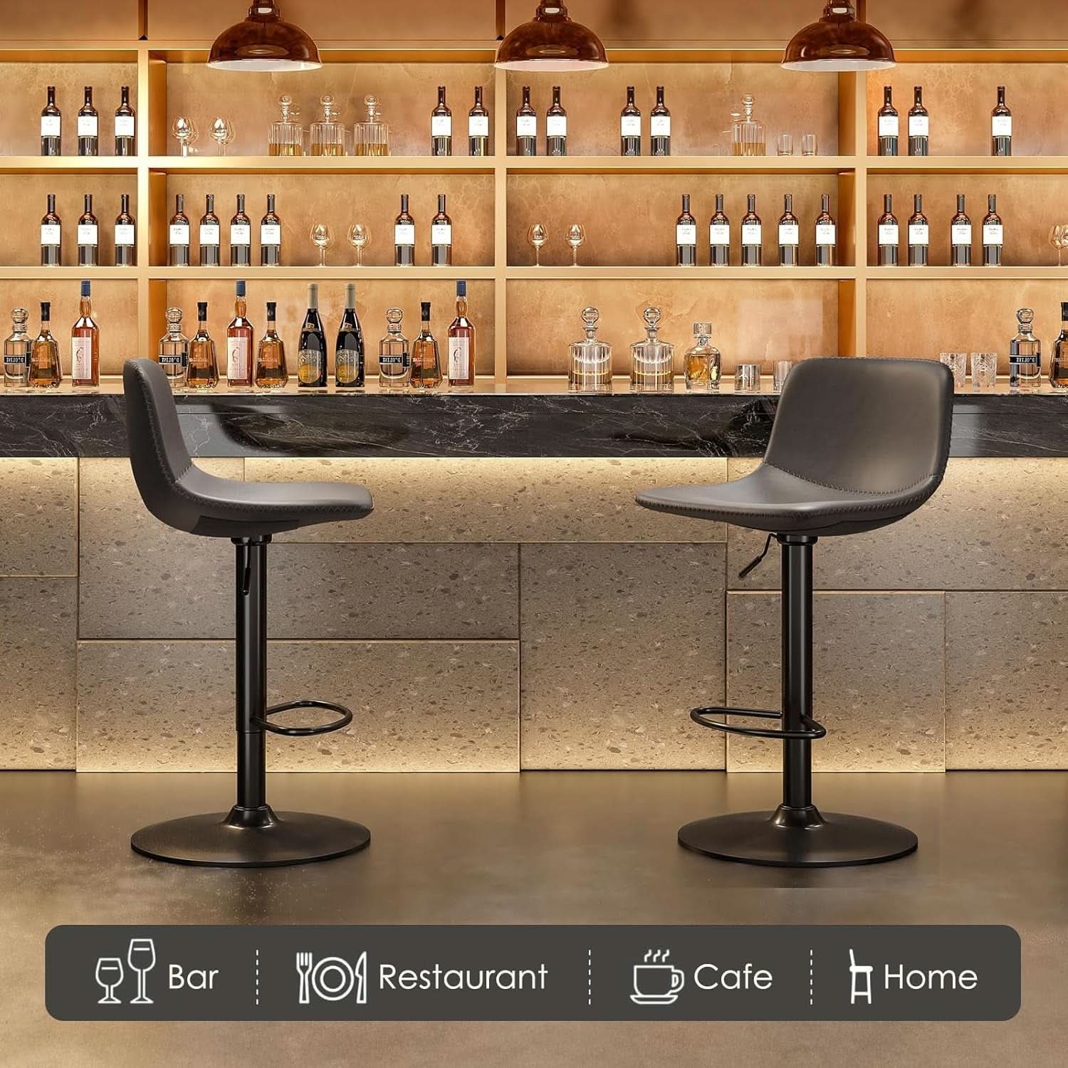 Adjustable Bar Stools Set of 2 PU Leather Back Support