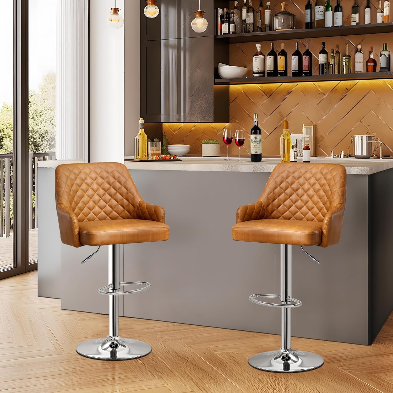 Adjustable Bar Stools With Back Set Of 4 Brown Faux Leather