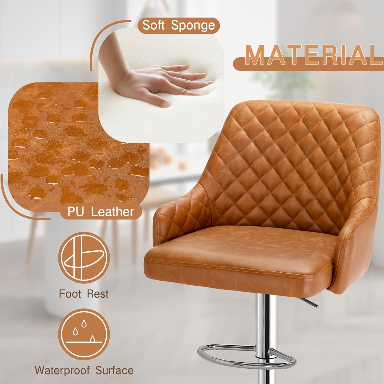 Adjustable Bar Stools With Back Set Of 4 Brown Faux Leather