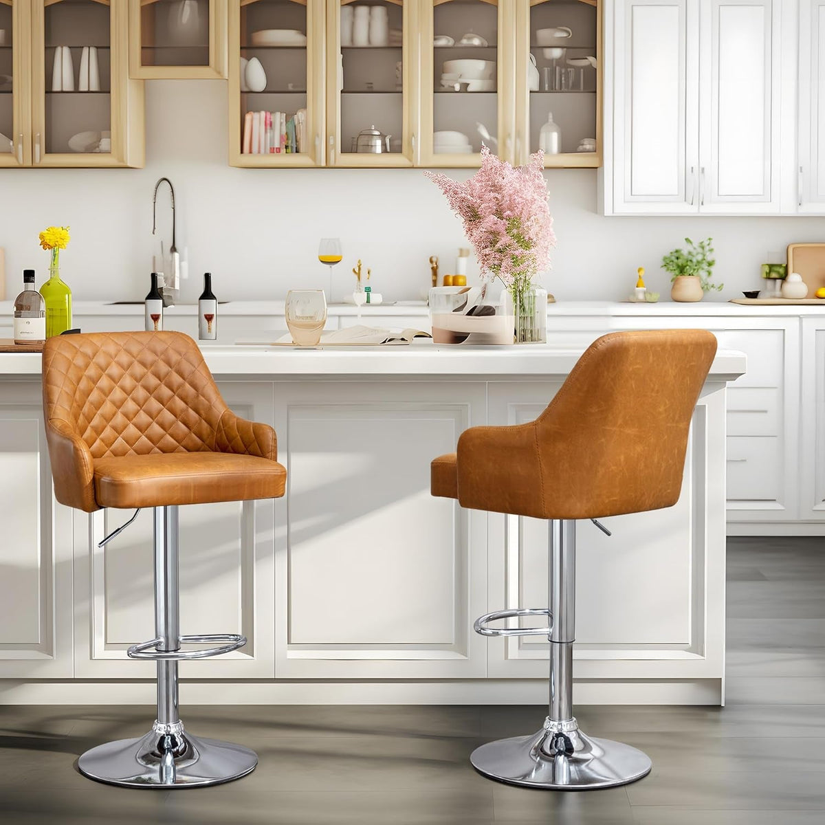 Adjustable Bar Stools With Back Set Of 4 Brown Faux Leather