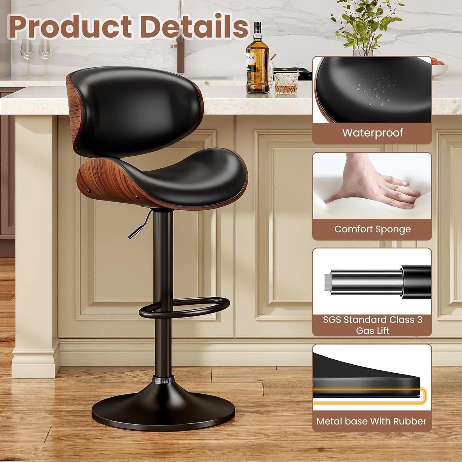 Adjustable Bentwood Bar Stools Set Of 2 PU Leather Upholstery