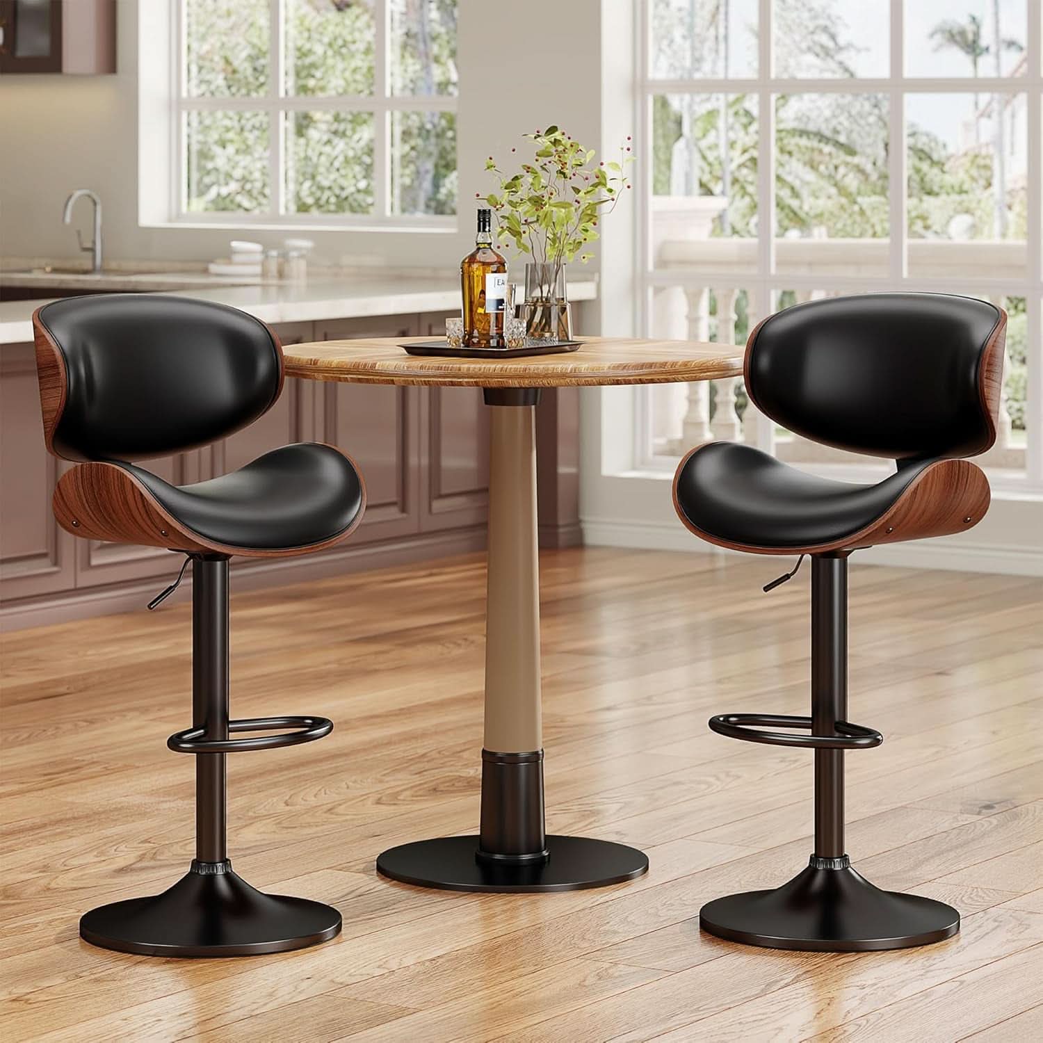 Adjustable Bentwood Bar Stools Set Of 2 PU Leather Upholstery