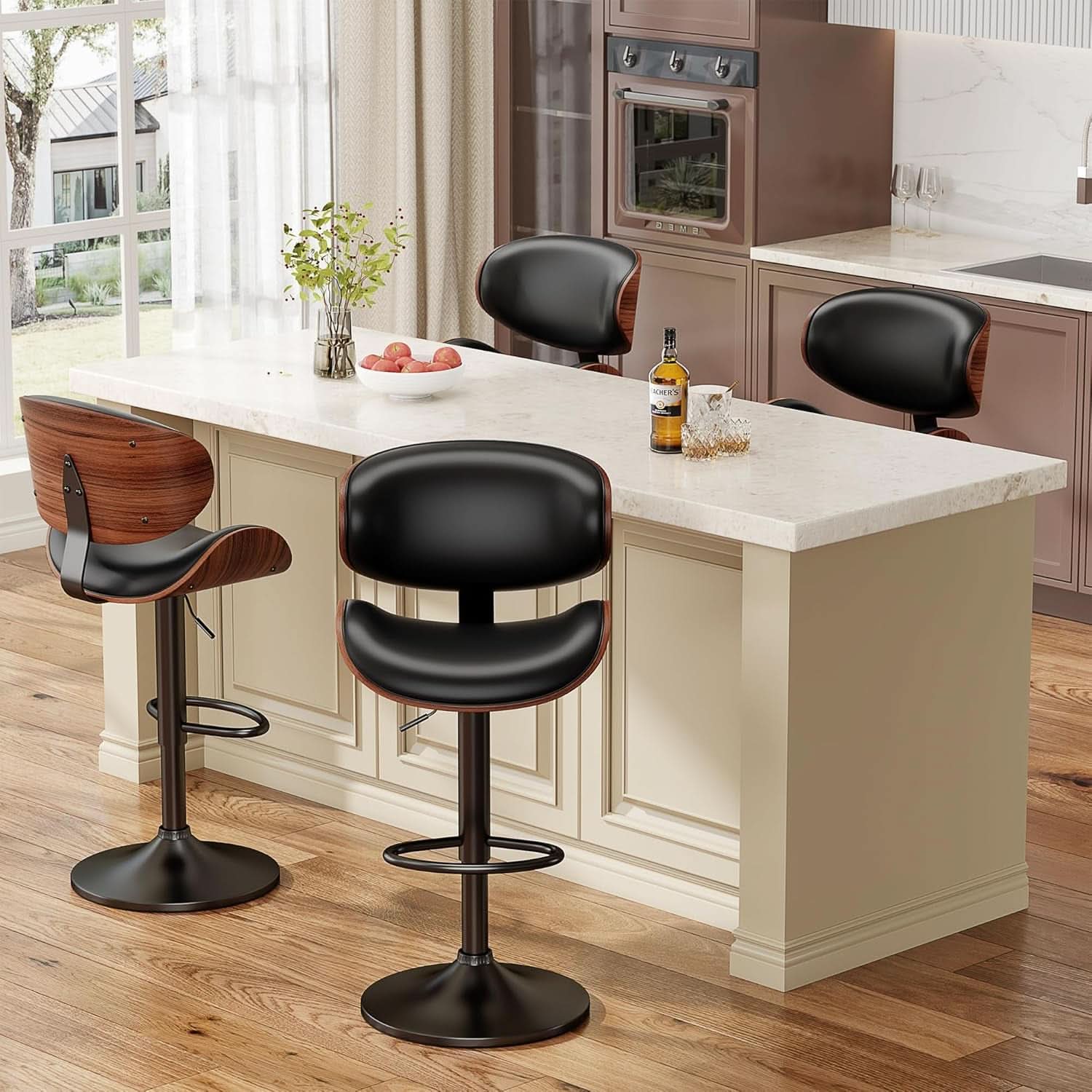 Adjustable Bentwood Bar Stools Set Of 2 PU Leather Upholstery