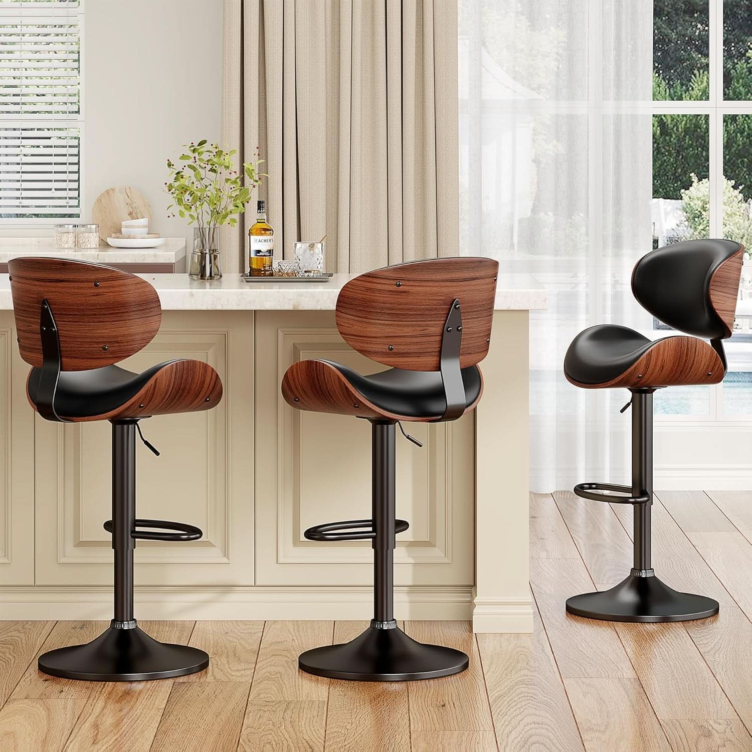 Adjustable Bentwood Bar Stools Set Of 2 PU Leather Upholstery