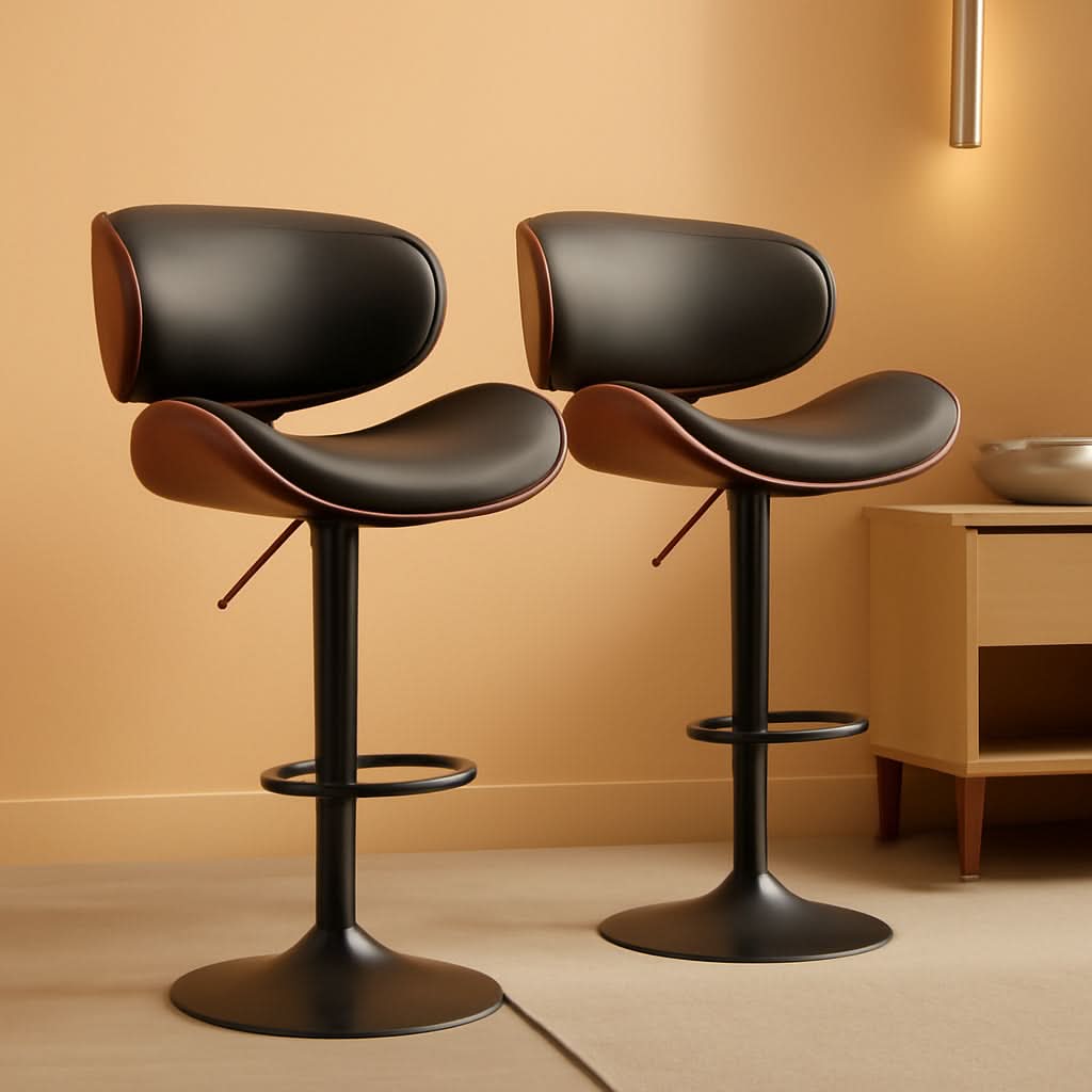 Adjustable Bentwood Bar Stools Set Of 2 PU Leather Upholstery
