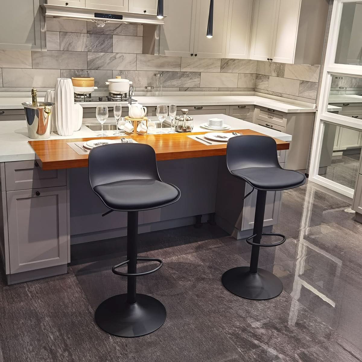 Adjustable Black Bar Stools Set of Two Modern