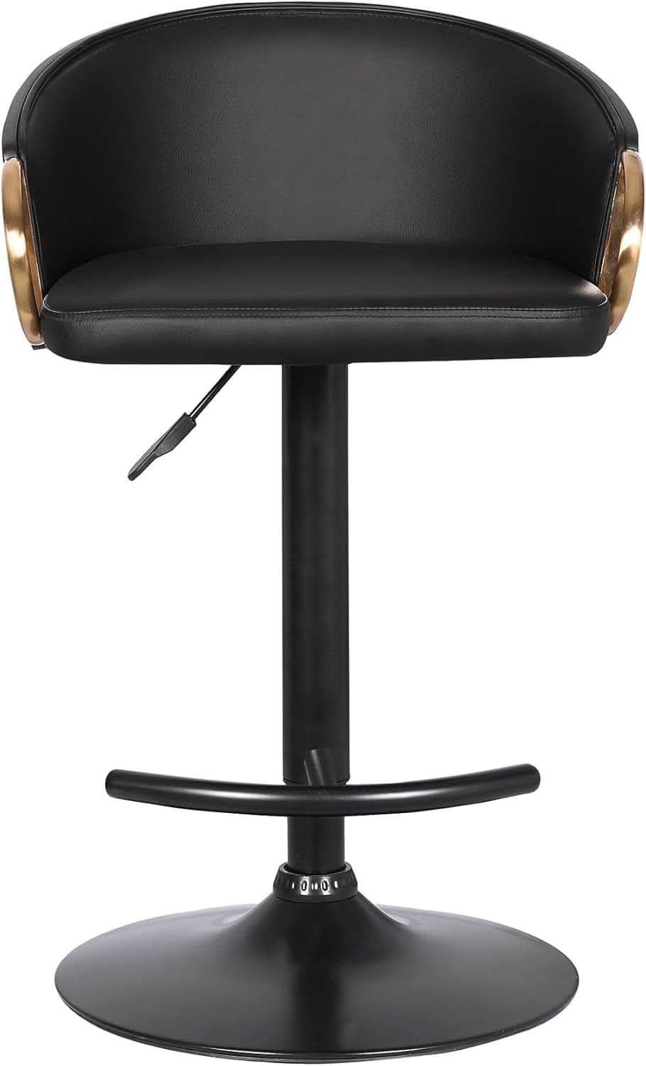 Adjustable Black Faux Leather Swivel Barstool with Gold Accents