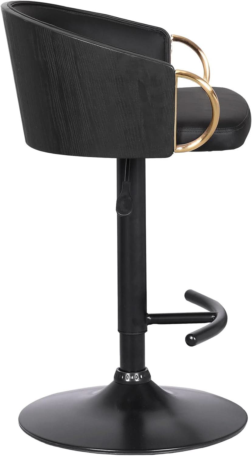 Adjustable Black Faux Leather Swivel Barstool with Gold Accents