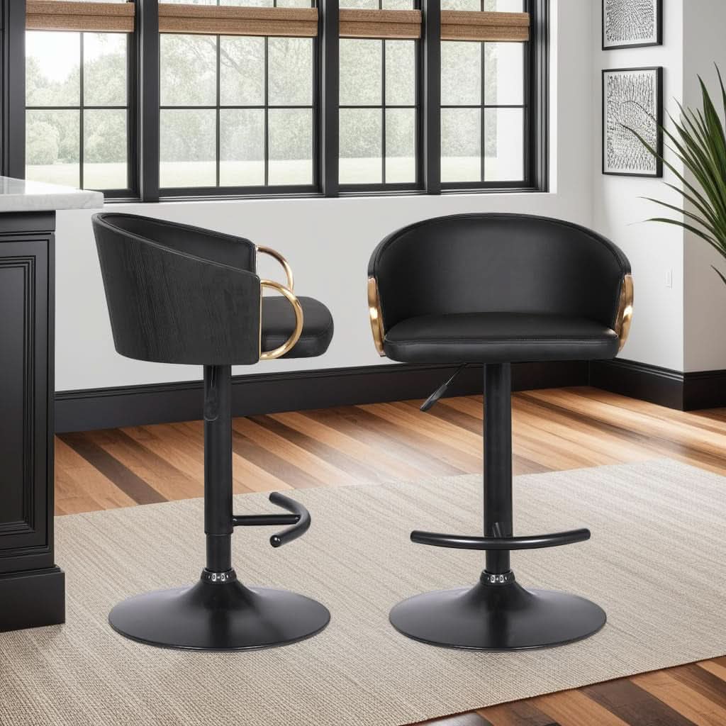 Adjustable Black Faux Leather Swivel Barstool with Gold Accents