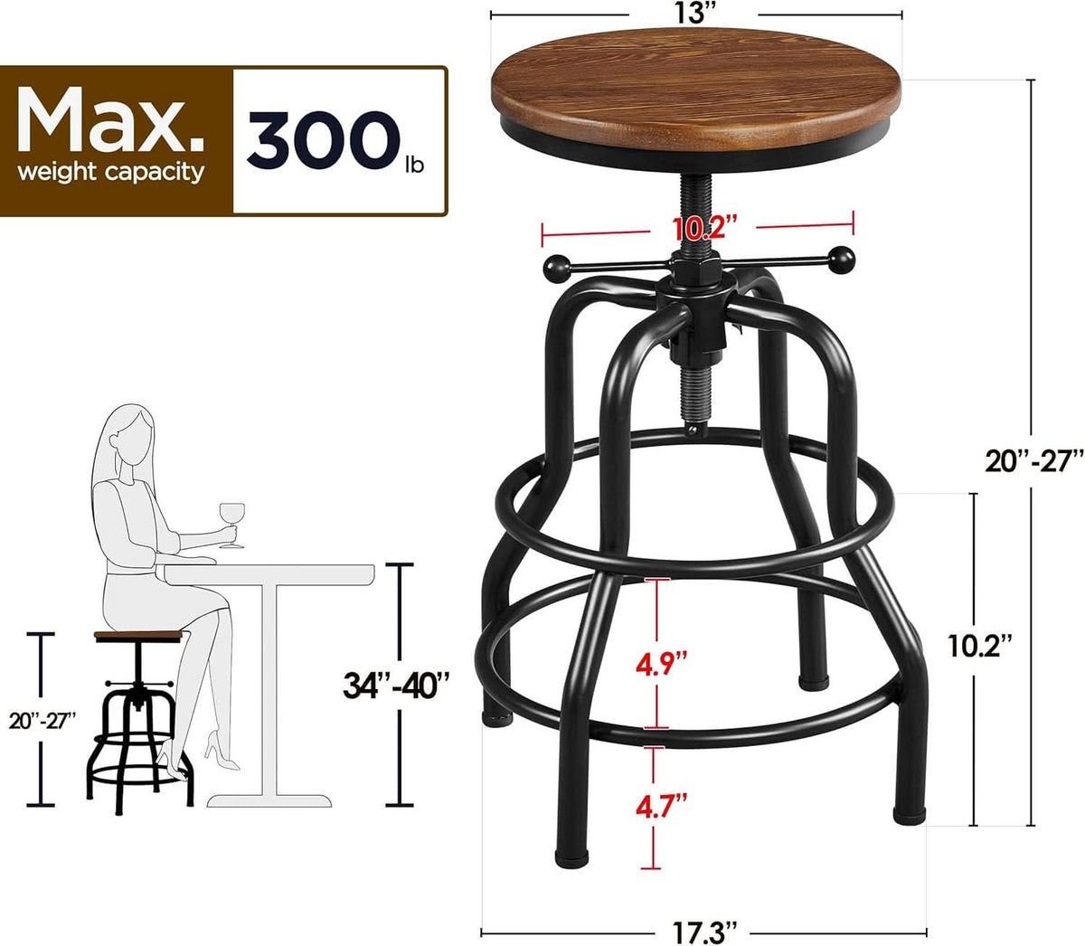 Adjustable Brown Bar Stool With Wood Seat Counter Height
