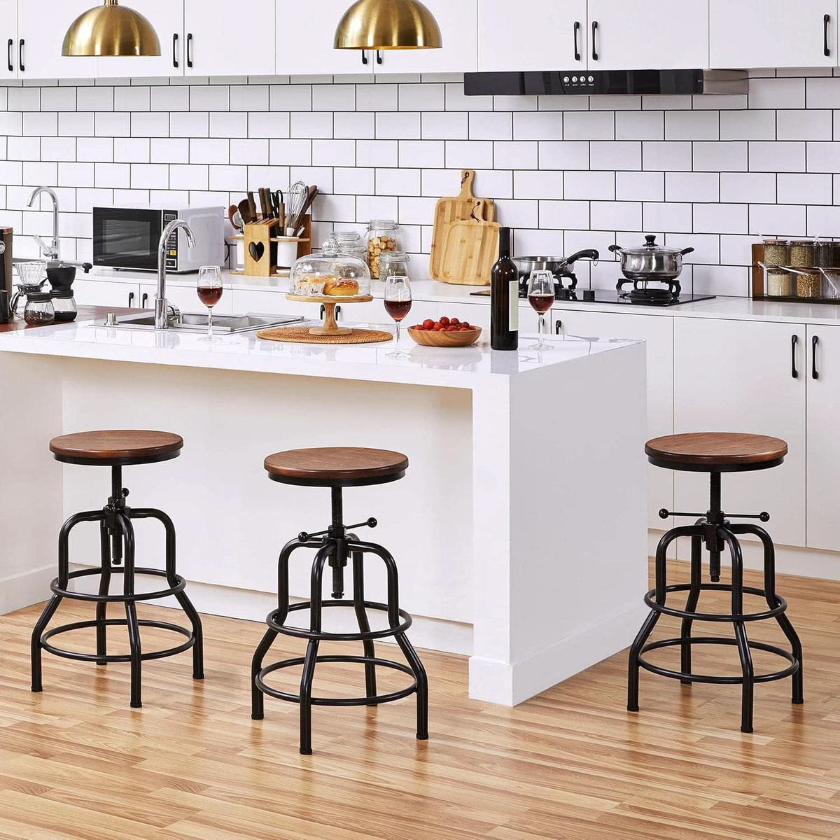 Adjustable Brown Bar Stool With Wood Seat Counter Height