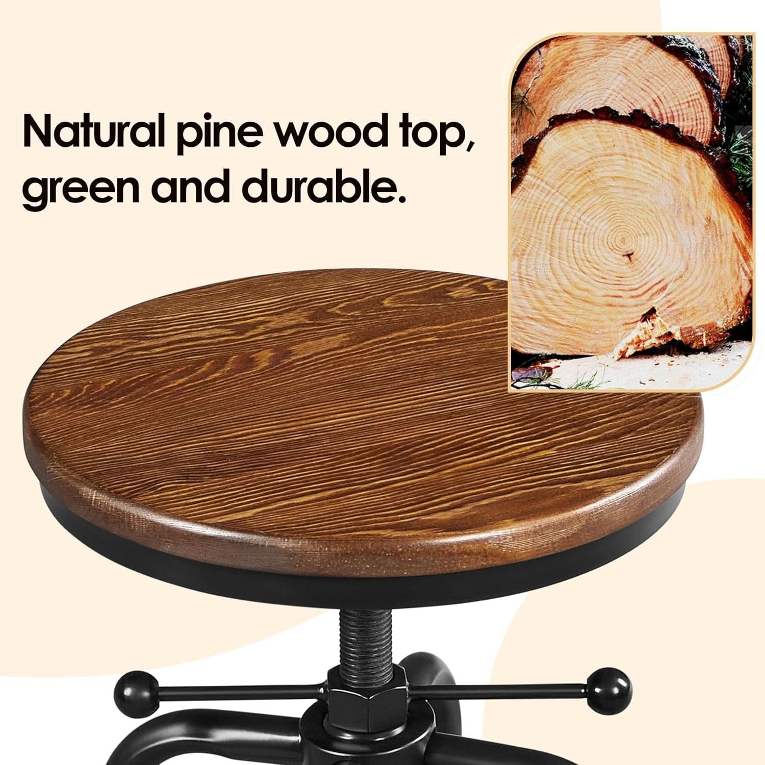 Adjustable Brown Bar Stool With Wood Seat Counter Height