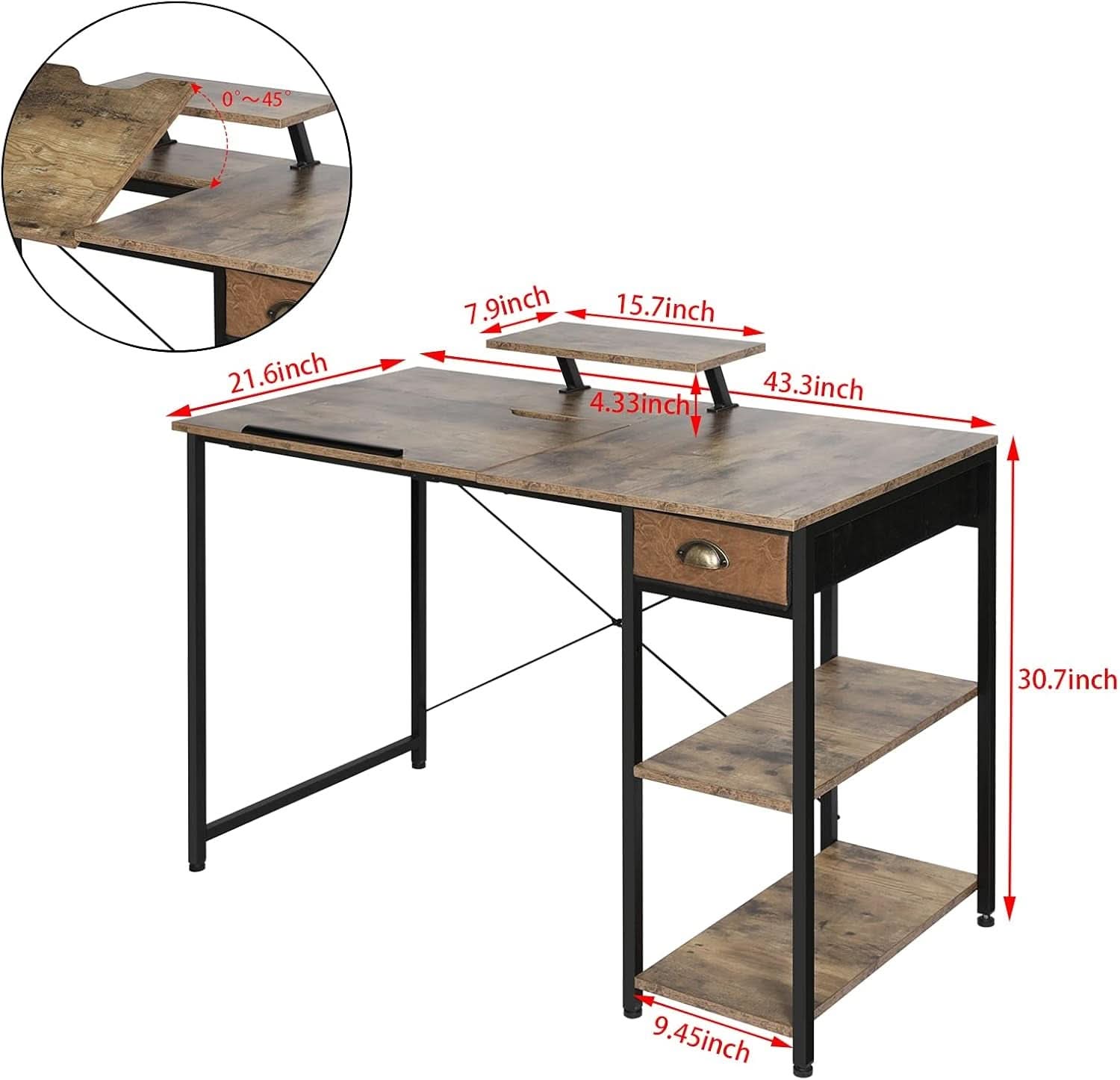 Adjustable Drafting Table with Storage Shelves and Drawer