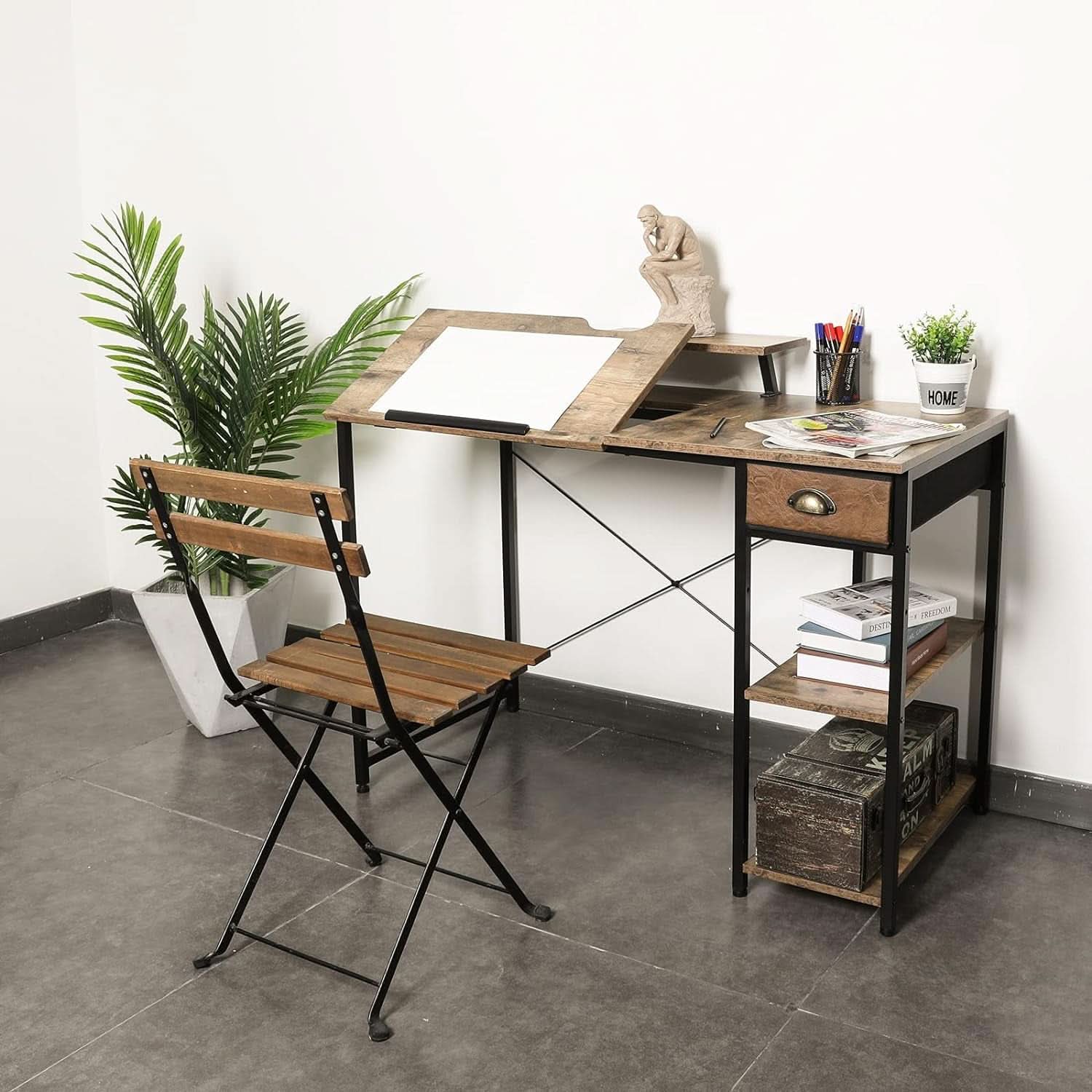Adjustable Drafting Table with Storage Shelves and Drawer
