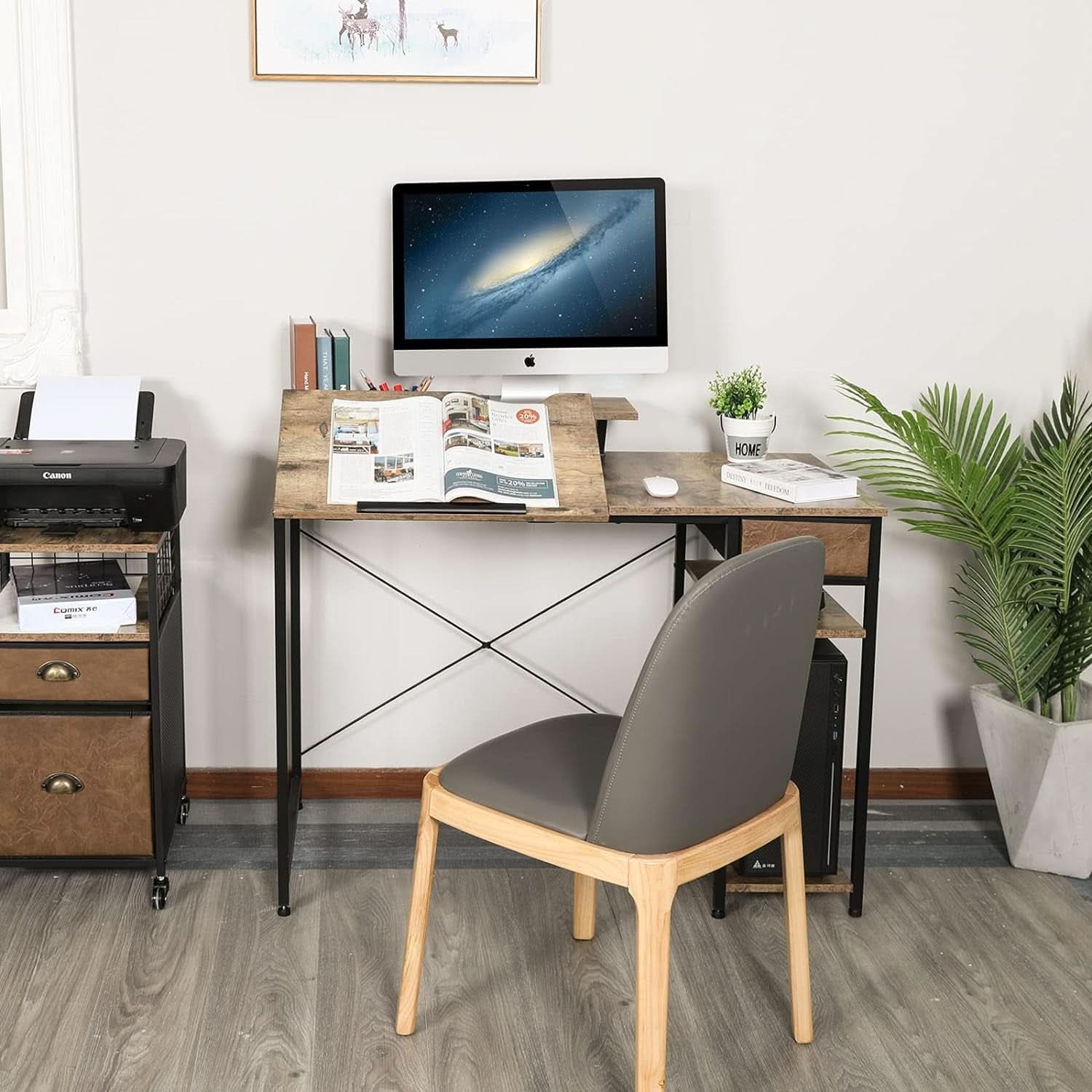 Adjustable Drafting Table with Storage Shelves and Drawer