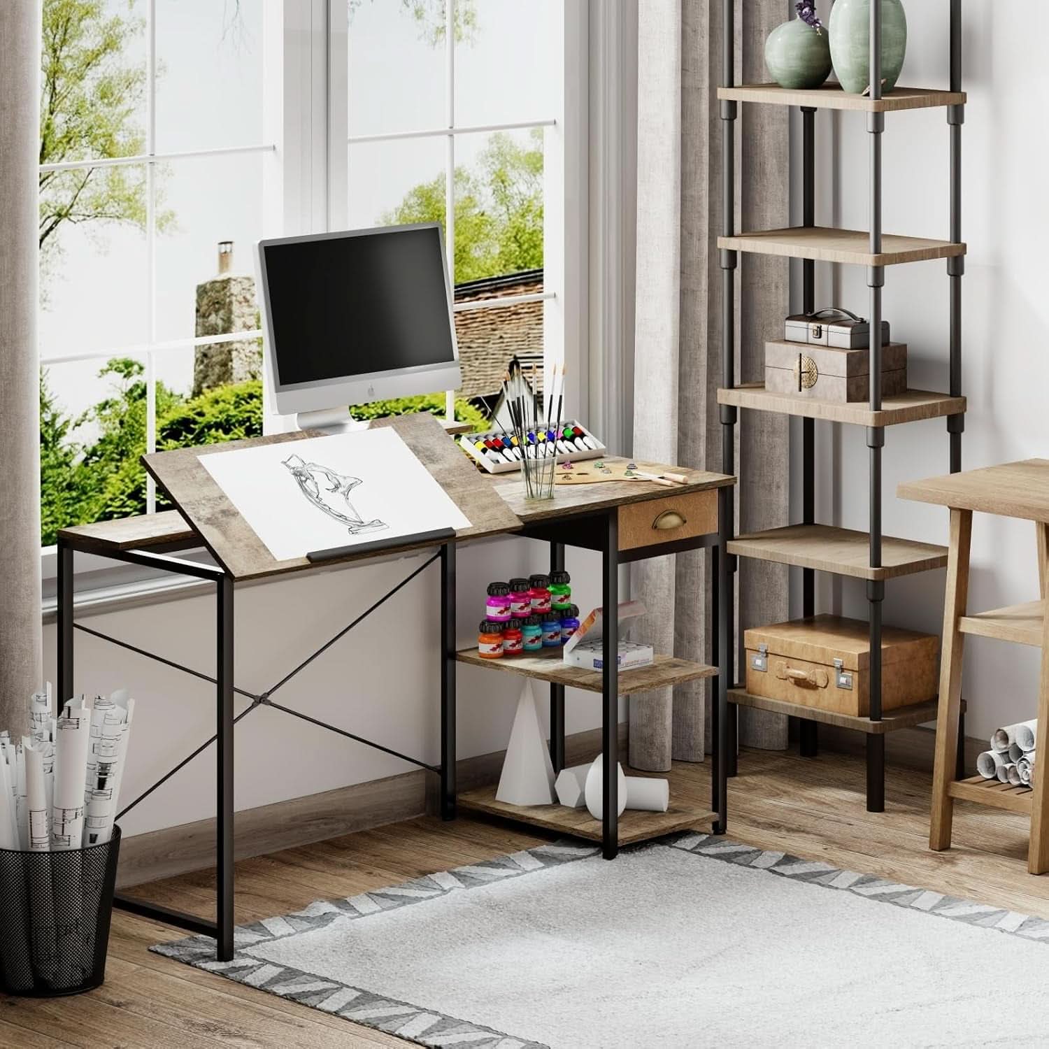 Adjustable Drafting Table with Storage Shelves and Drawer