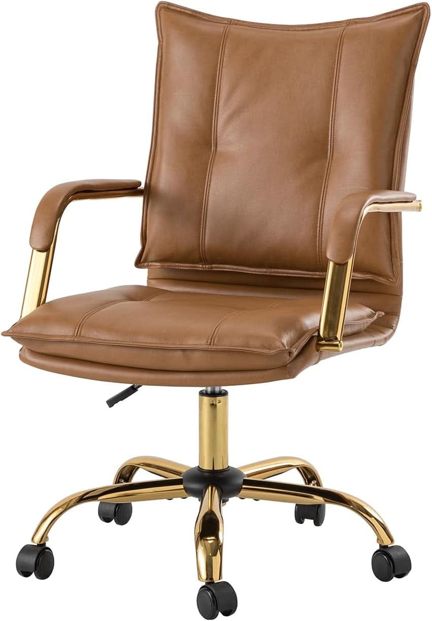 Adjustable Faux Leather Desk Chair With Golden Legs Camel