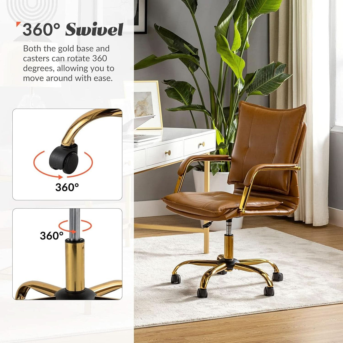 Adjustable Faux Leather Desk Chair With Golden Legs Camel