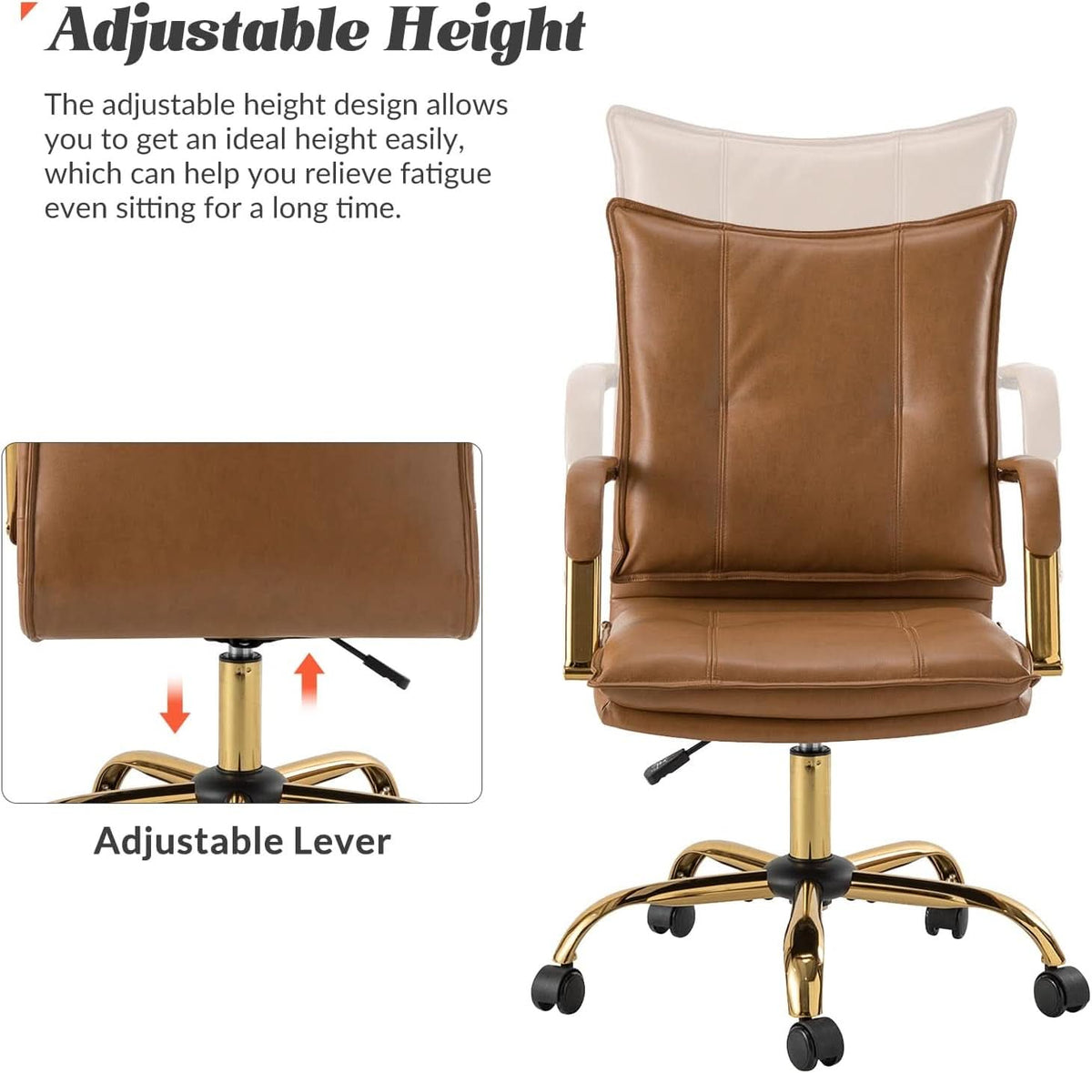 Adjustable Faux Leather Desk Chair With Golden Legs Camel