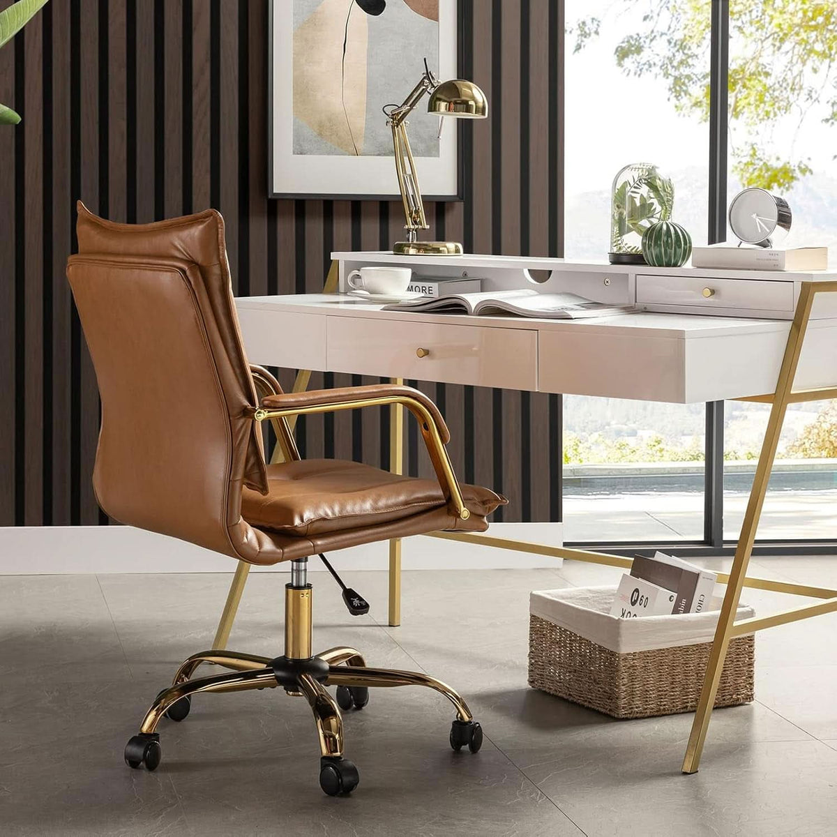 Adjustable Faux Leather Desk Chair With Golden Legs Camel