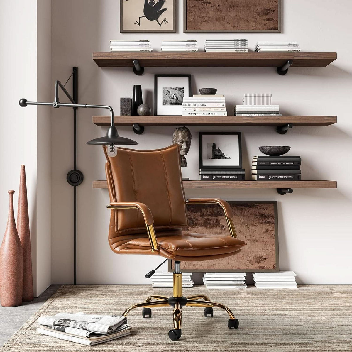 Adjustable Faux Leather Desk Chair With Golden Legs Camel