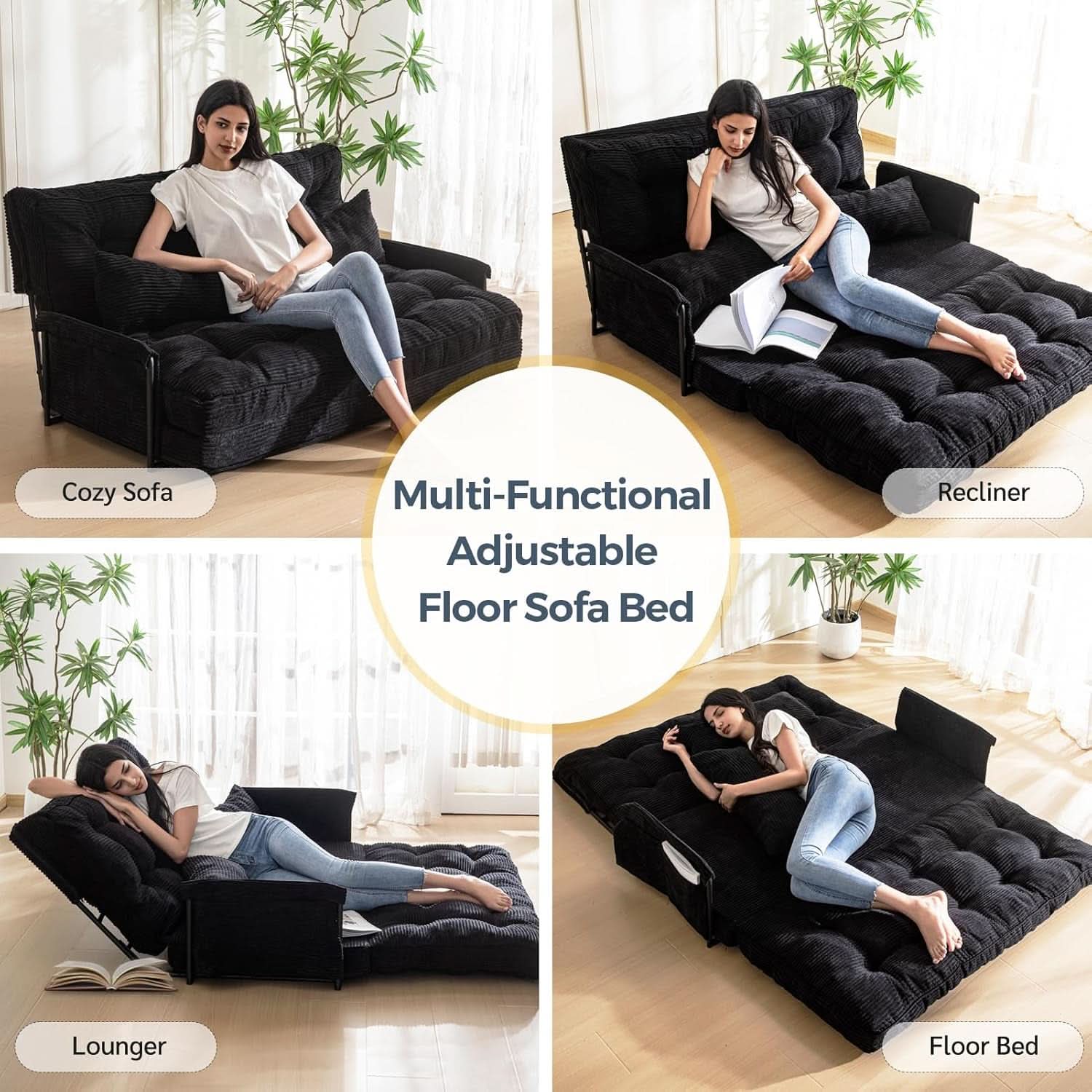Adjustable Floor Sofa Black Five Position Sleeper Bed