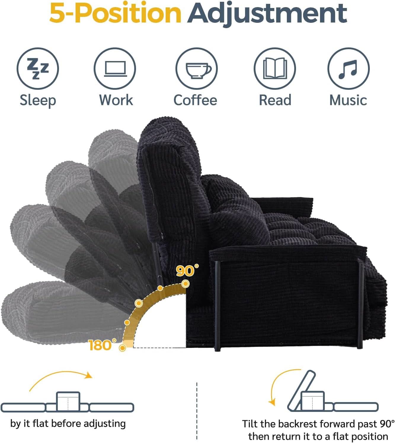 Adjustable Floor Sofa Black Five Position Sleeper Bed
