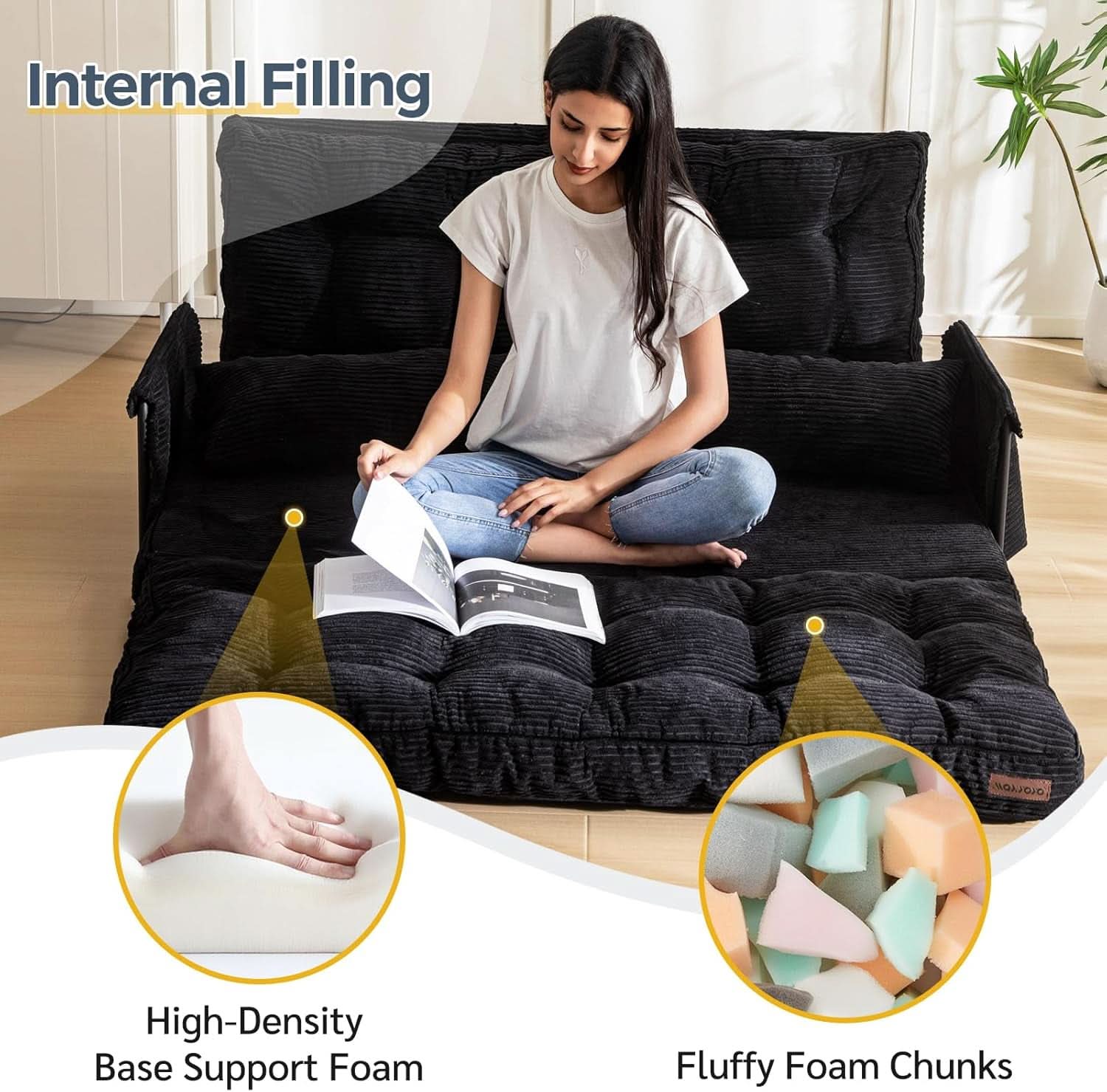Adjustable Floor Sofa Black Five Position Sleeper Bed