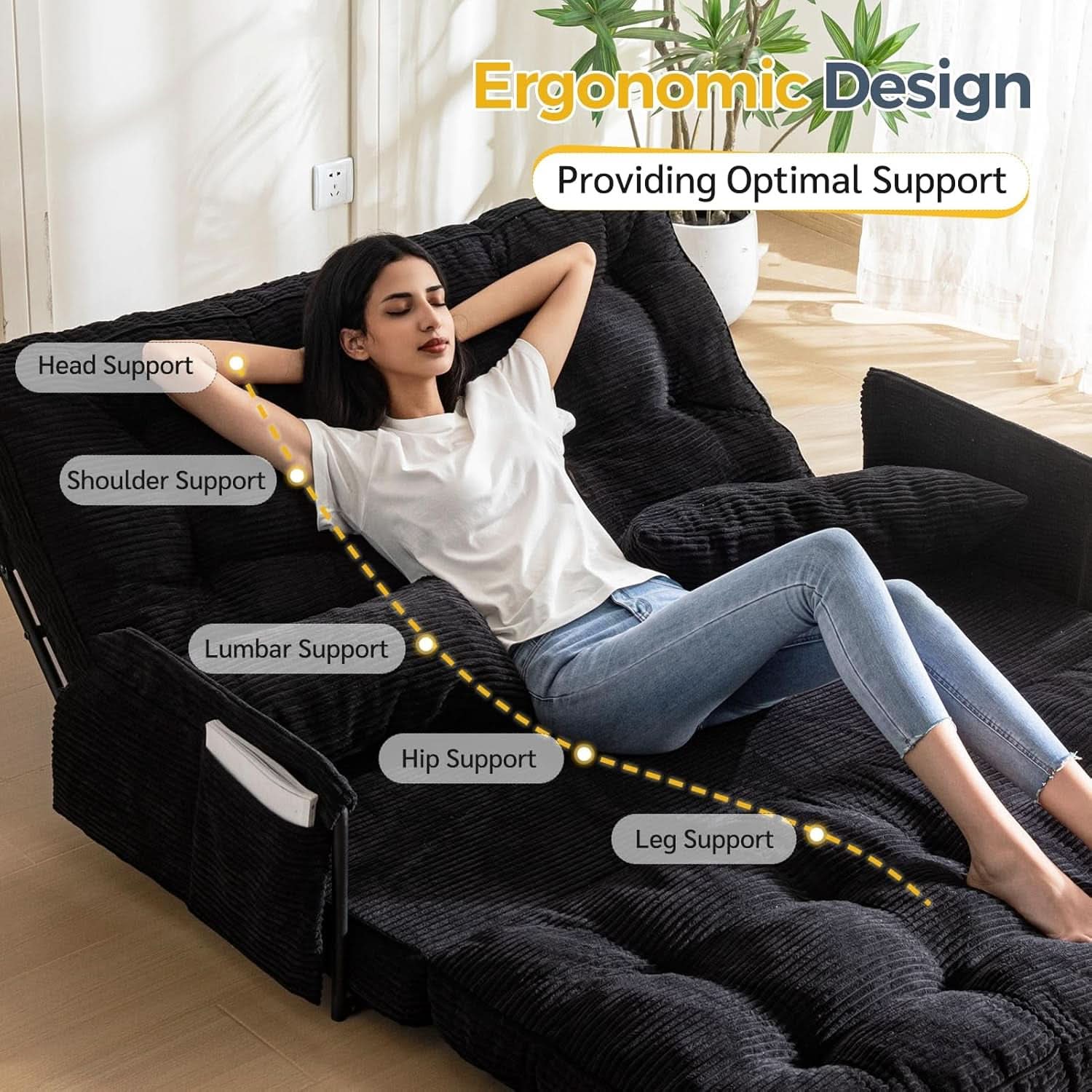 Adjustable Floor Sofa Black Five Position Sleeper Bed