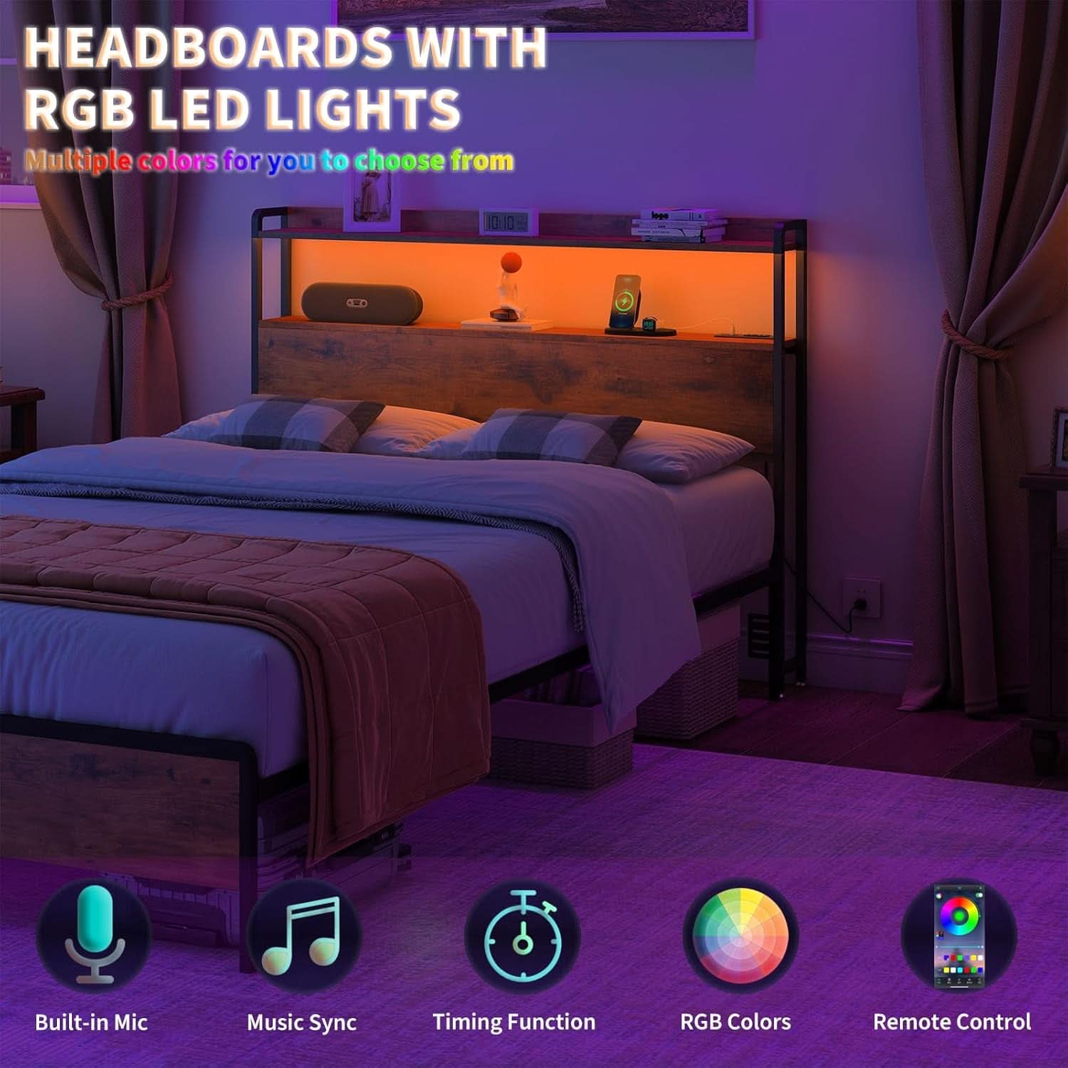 Adjustable Full Size Headboard with USB Ports and Storage