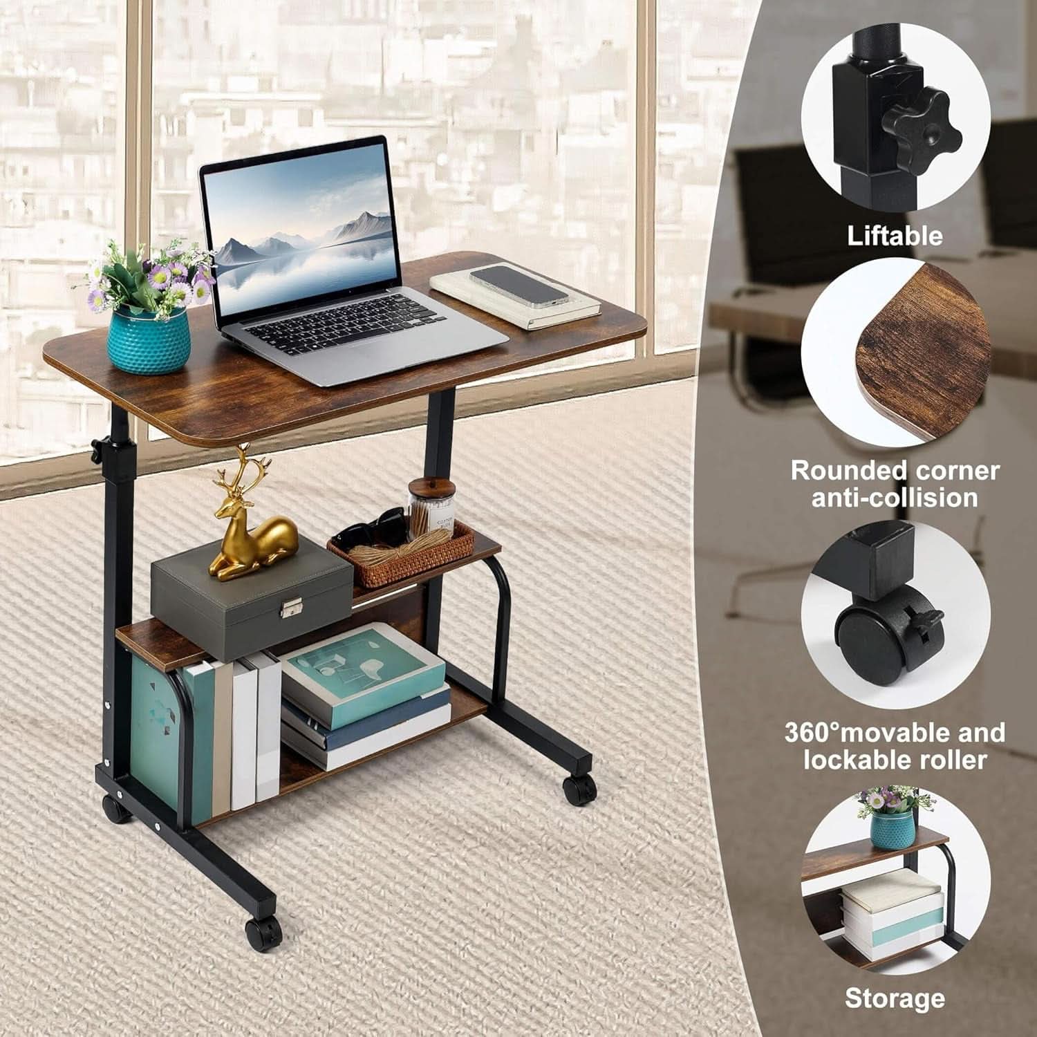 Adjustable Height Mobile Computer Desk with Rolling Wheels