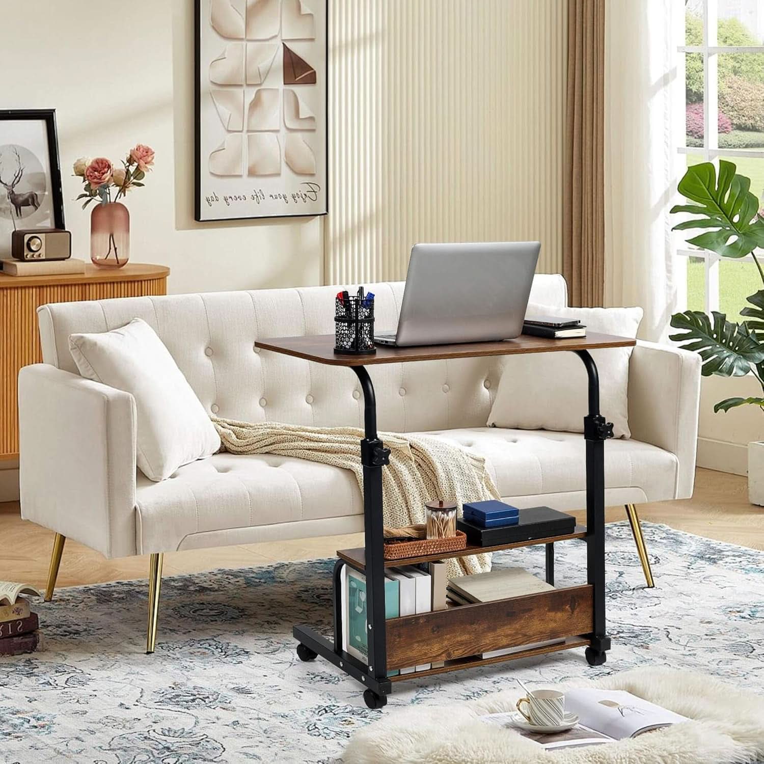Adjustable Height Mobile Computer Desk with Rolling Wheels
