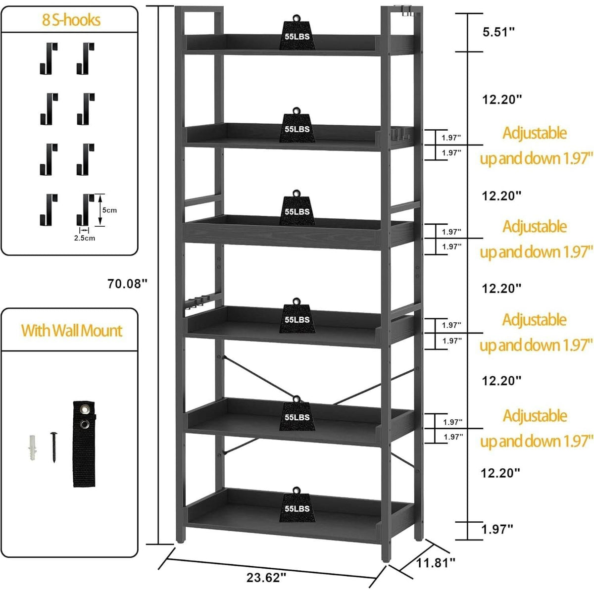 Adjustable Industrial Bookshelf 70 Inch Black Metal
