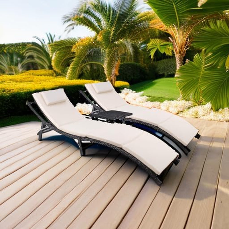 Adjustable Outdoor Rattan Chaise Lounge Set With Table