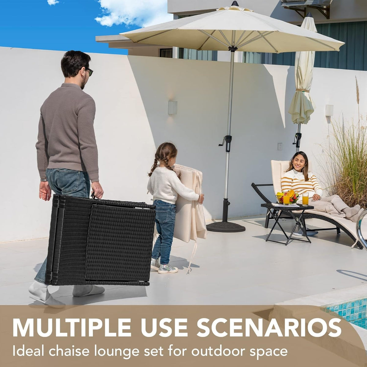 Adjustable Outdoor Rattan Chaise Lounge Set With Table
