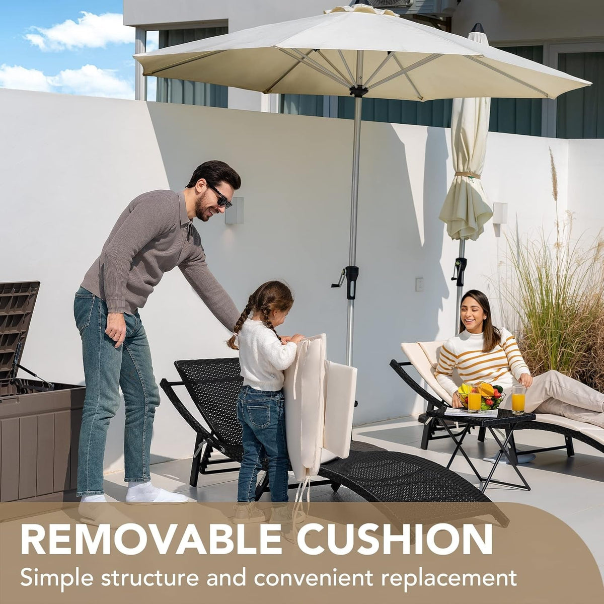 Adjustable Outdoor Rattan Chaise Lounge Set With Table