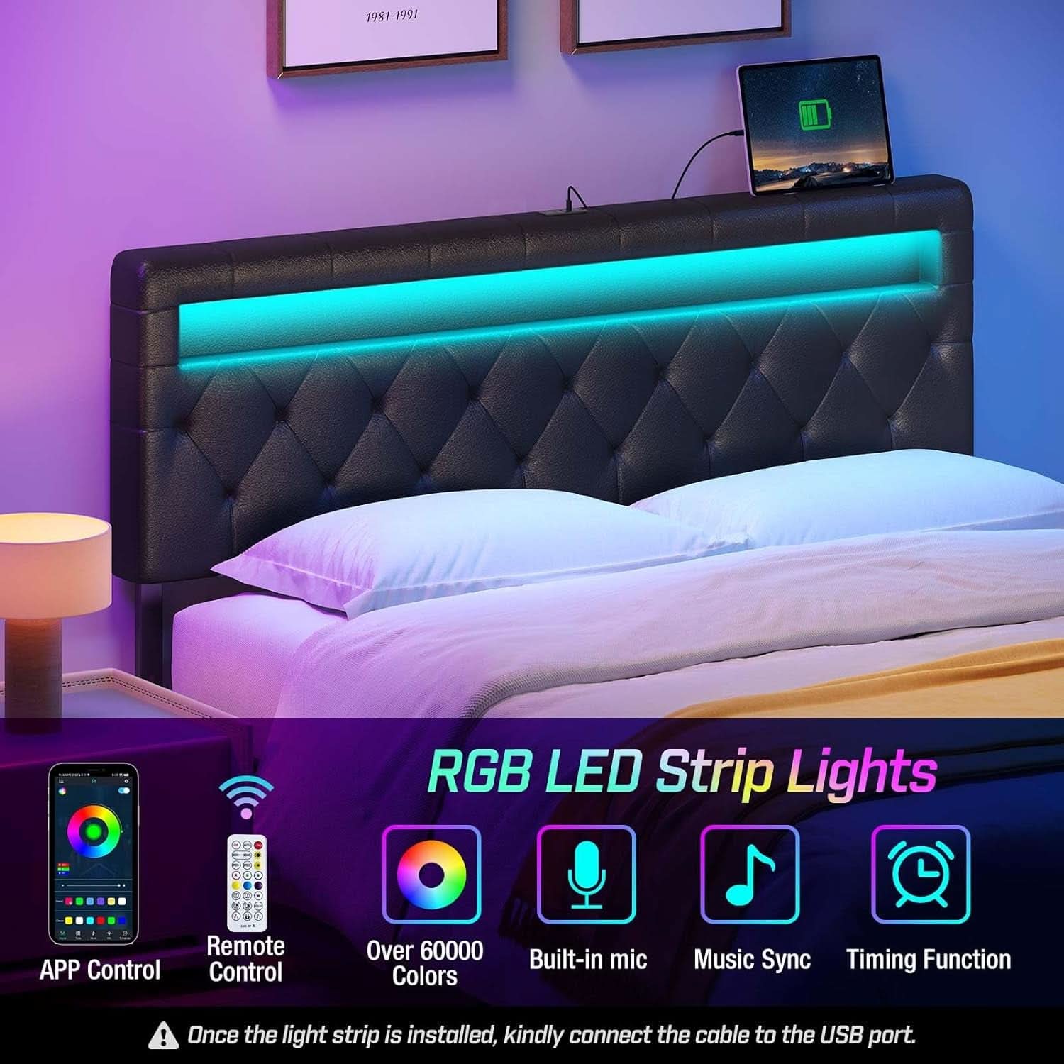 Adjustable Queen Size Headboard with 60000 LED Colors