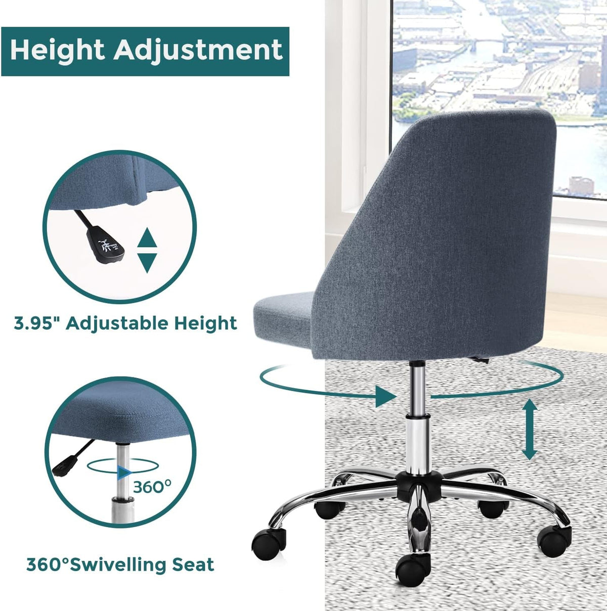 Adjustable Rolling Desk Chair For Home Office Workspace