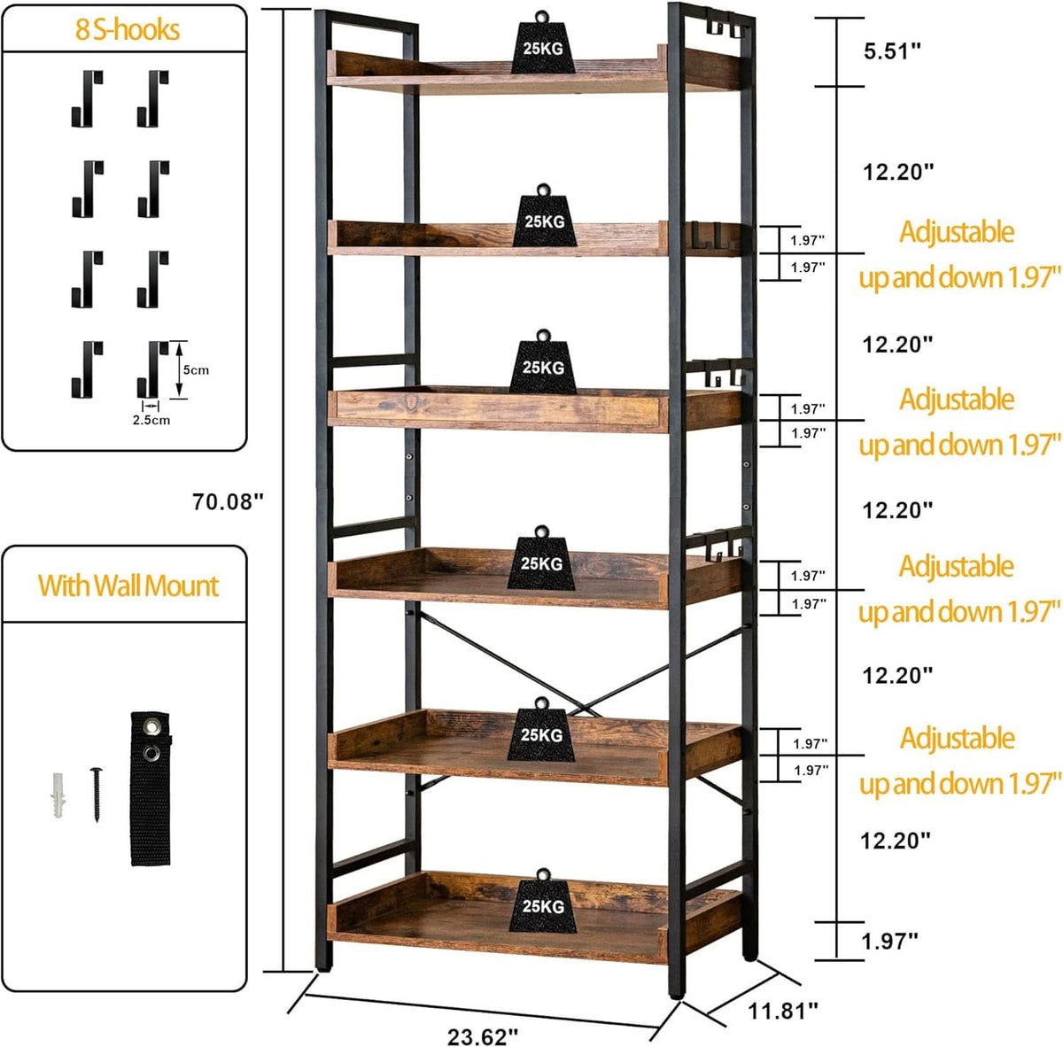 Adjustable Six Tier Industrial Wood Black Metal Bookcase