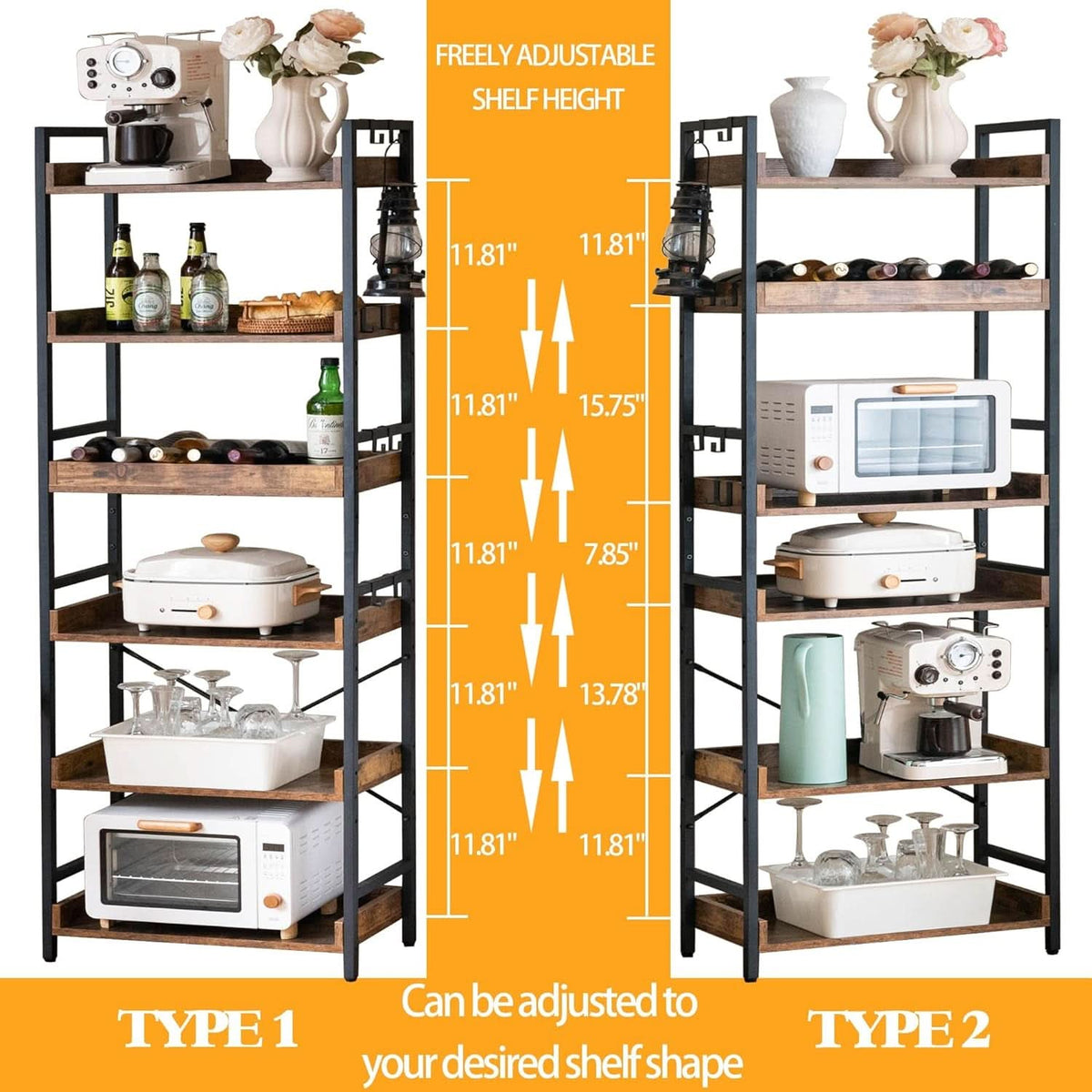 Adjustable Six Tier Industrial Wood Black Metal Bookcase