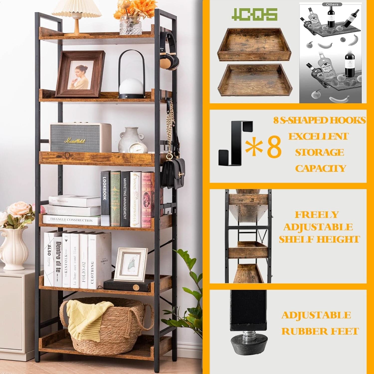 Adjustable Six Tier Industrial Wood Black Metal Bookcase