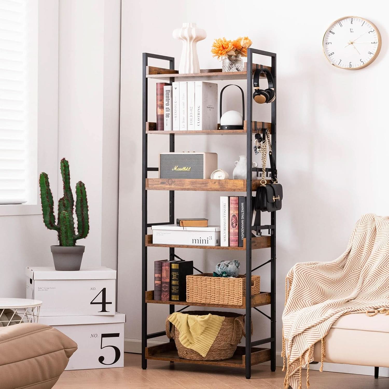 Adjustable Six Tier Industrial Wood Black Metal Bookcase