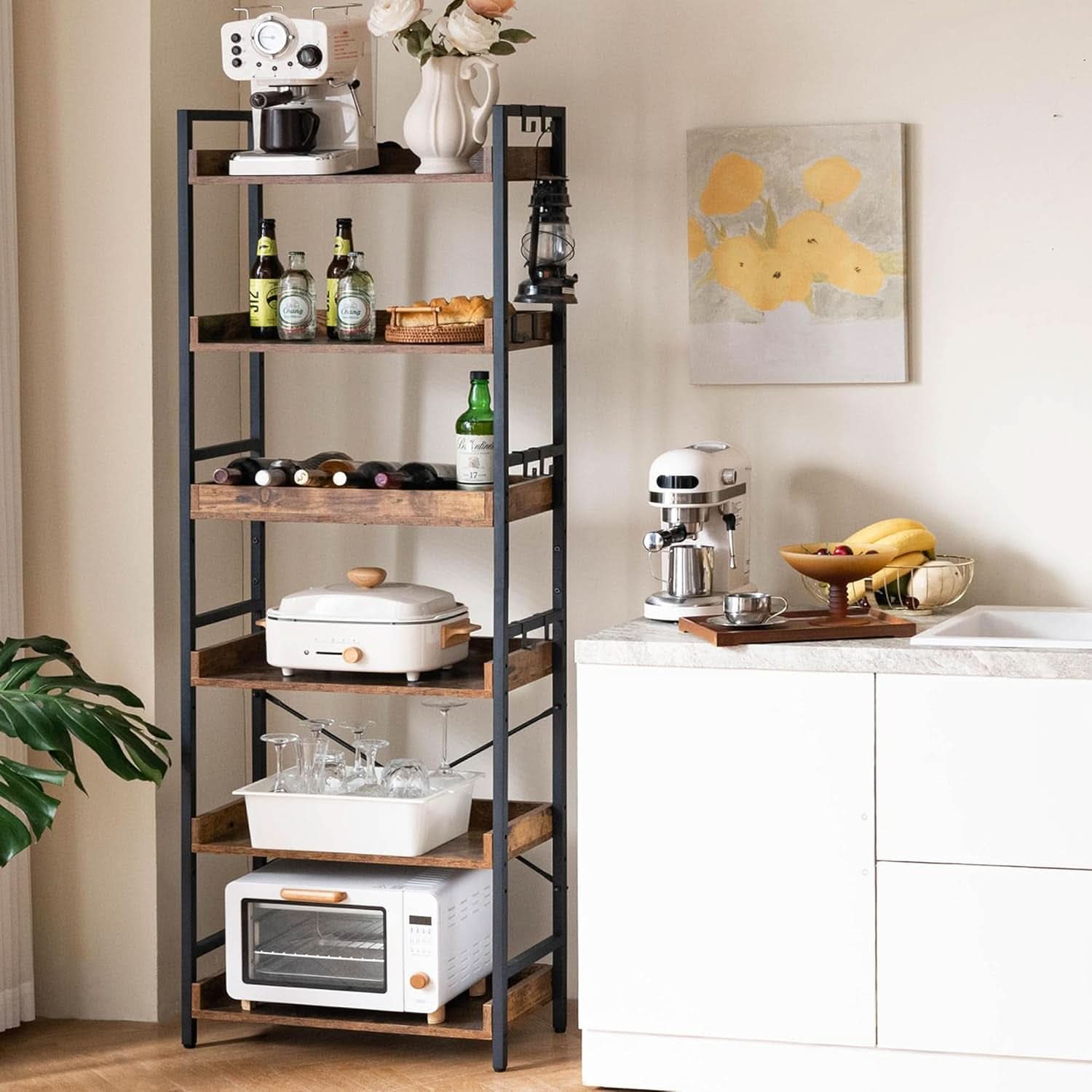 Adjustable Six Tier Industrial Wood Black Metal Bookcase