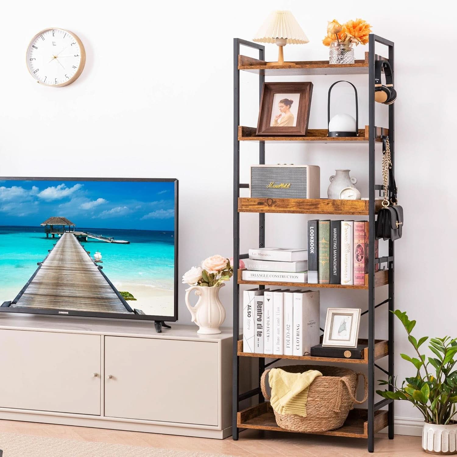 Adjustable Six Tier Industrial Wood Black Metal Bookcase