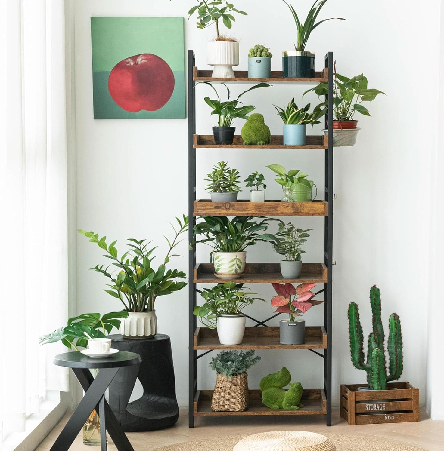 Adjustable Six Tier Industrial Wood Black Metal Bookcase