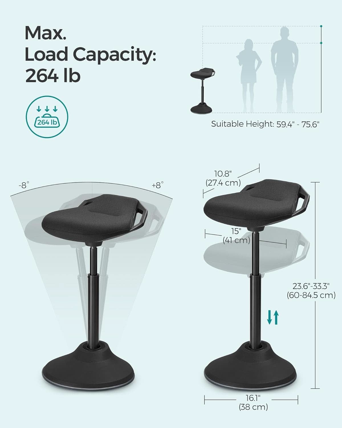Adjustable Standing Desk Chair Black 23.6 To 33.3 Inches