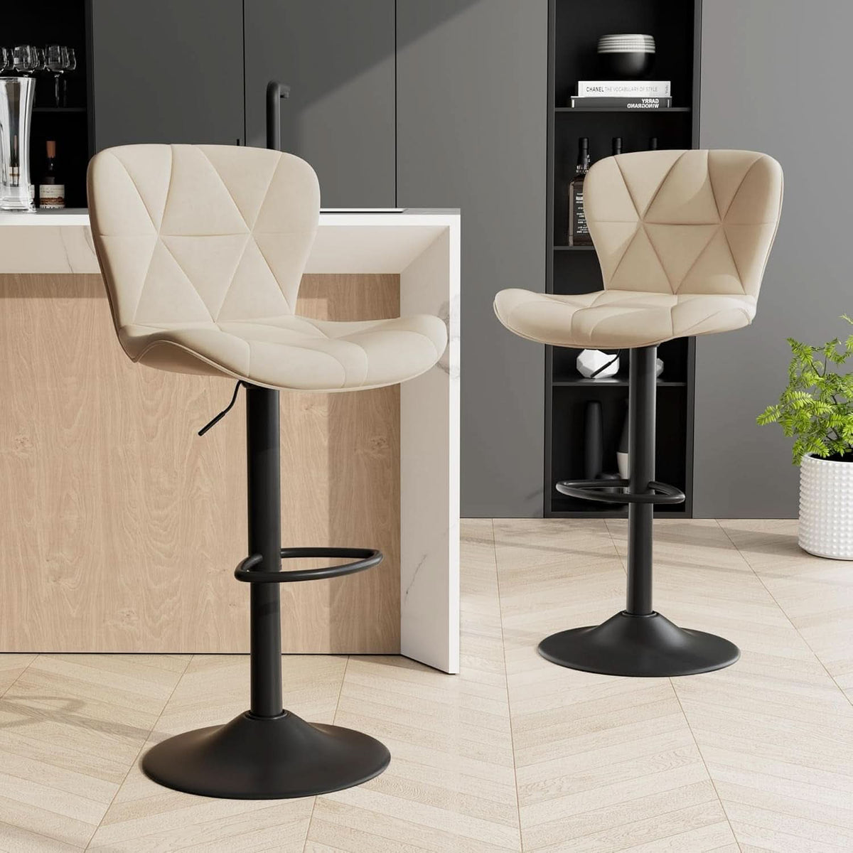 Adjustable Swivel Bar Stools Set of 2 in Khaki Finish