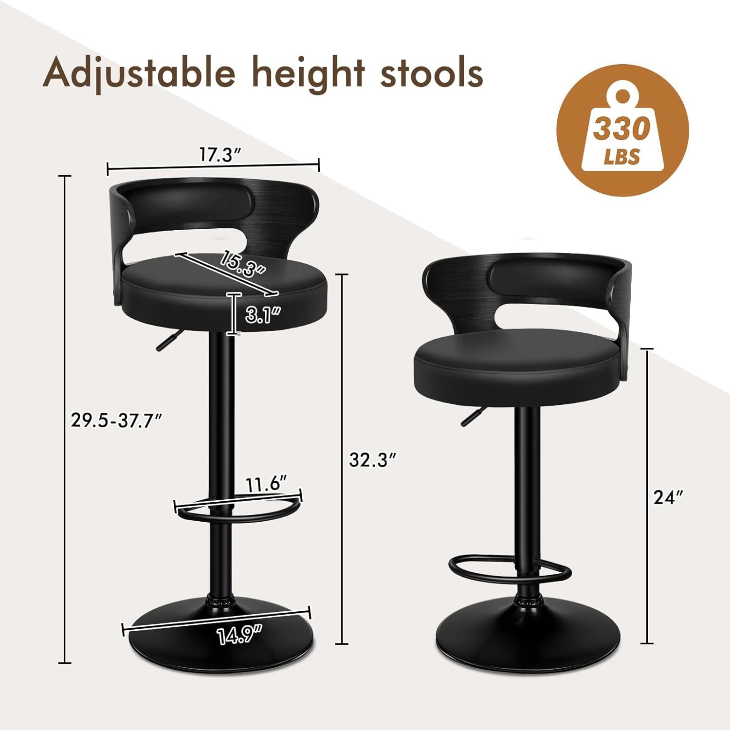 Adjustable Swivel Bar Stools Set of Two Black